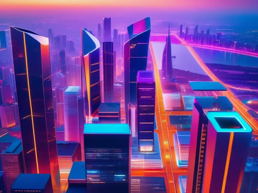 Futurista ciudad con arquitectura moderna Ciudad futurista al atardecer con arquitectura moderna, colores vibrantes y profesionales analizando normativa criptoactivos España
