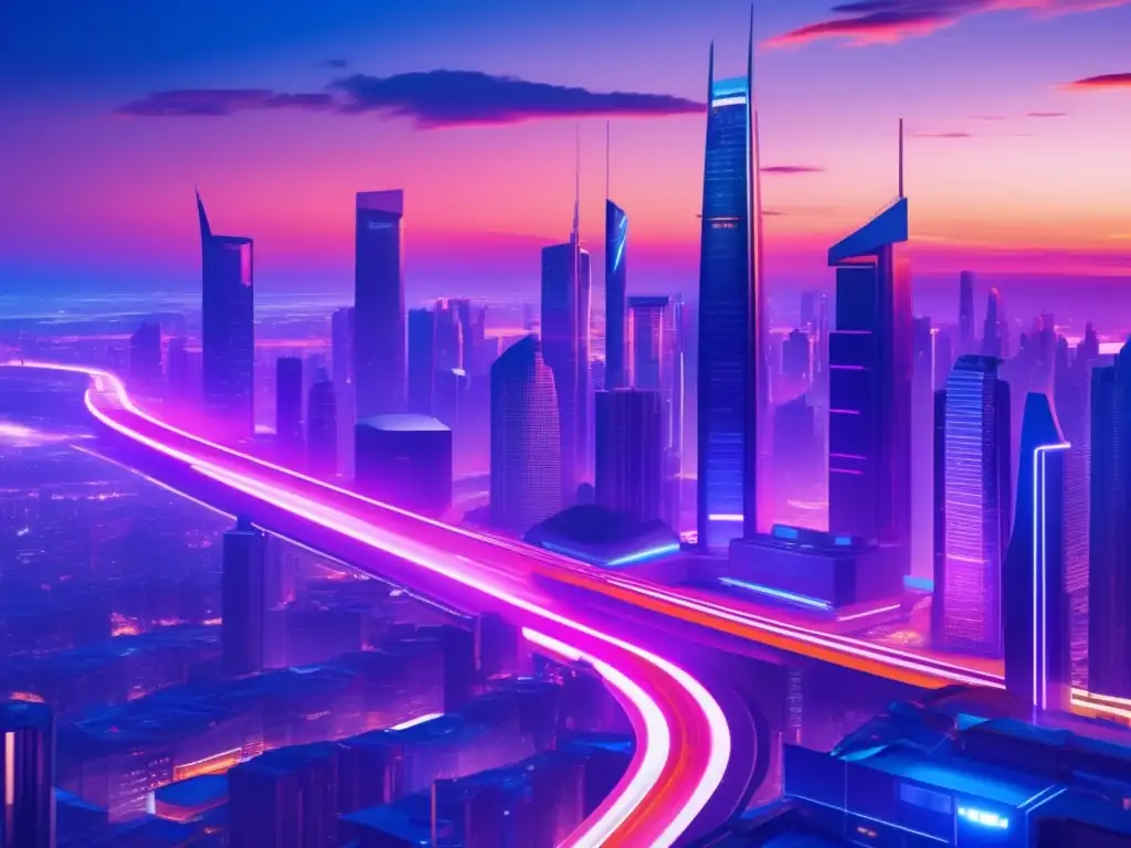 Ciudad futurista al atardecer: tecnología y progreso Ciudad futurista al atardecer, reflejando avances tecnológicos y ventajas de invertir en ETFs para principiantes