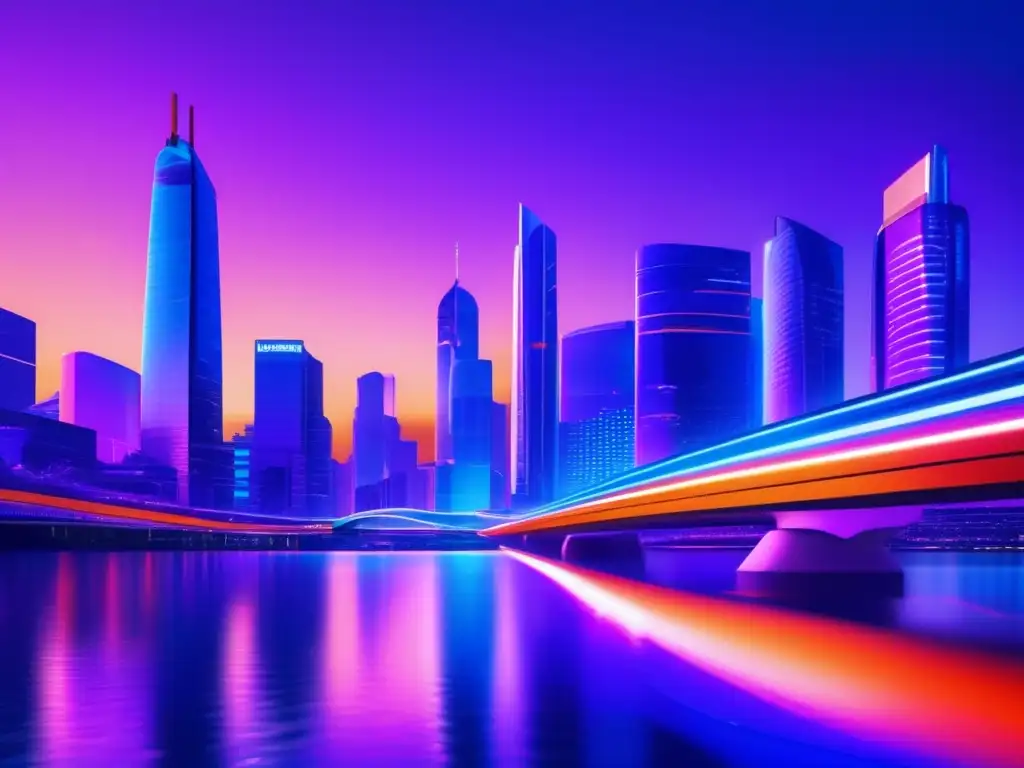 Futurista ciudad nocturna con inversión en warrants Ciudad futurista al atardecer: beneficios de invertir en warrants