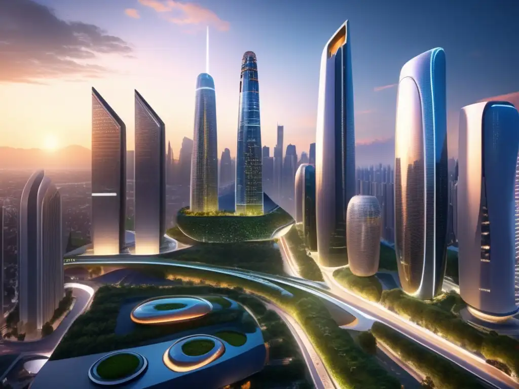 Futurista ciudad sostenible y tecnológica Ciudad futurista al atardecer: bonos verdes para ciudades inteligentes