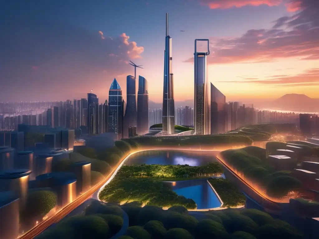 Futura ciudad ecológica al atardecer Ciudad futurista al atardecer con certificaciones ambientales en inversiones