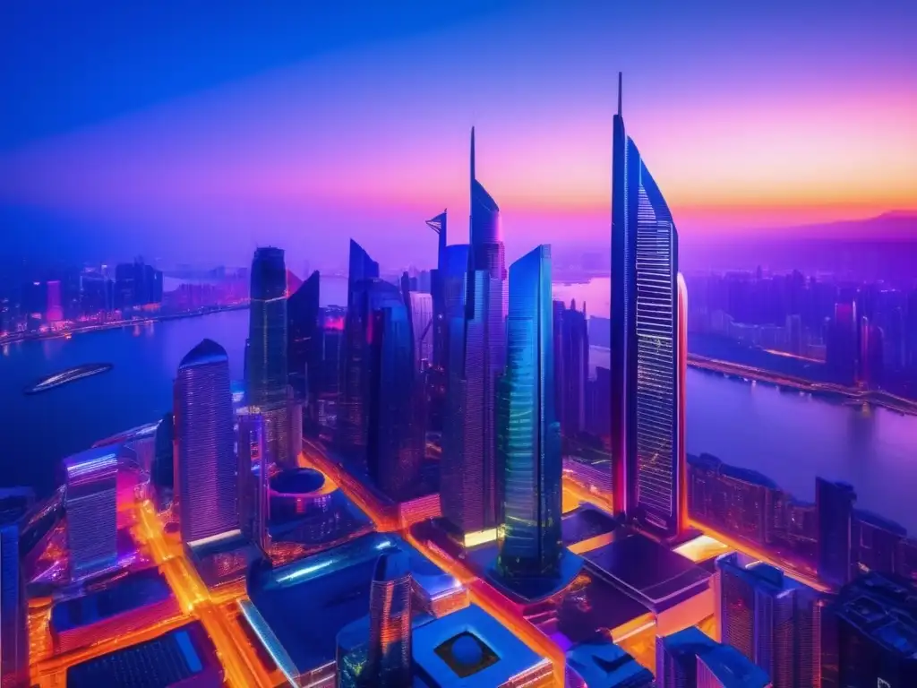 Ciudad futurista al anochecer Ciudad futurista al atardecer, reflejando innovación y diversificación en el crowdlending