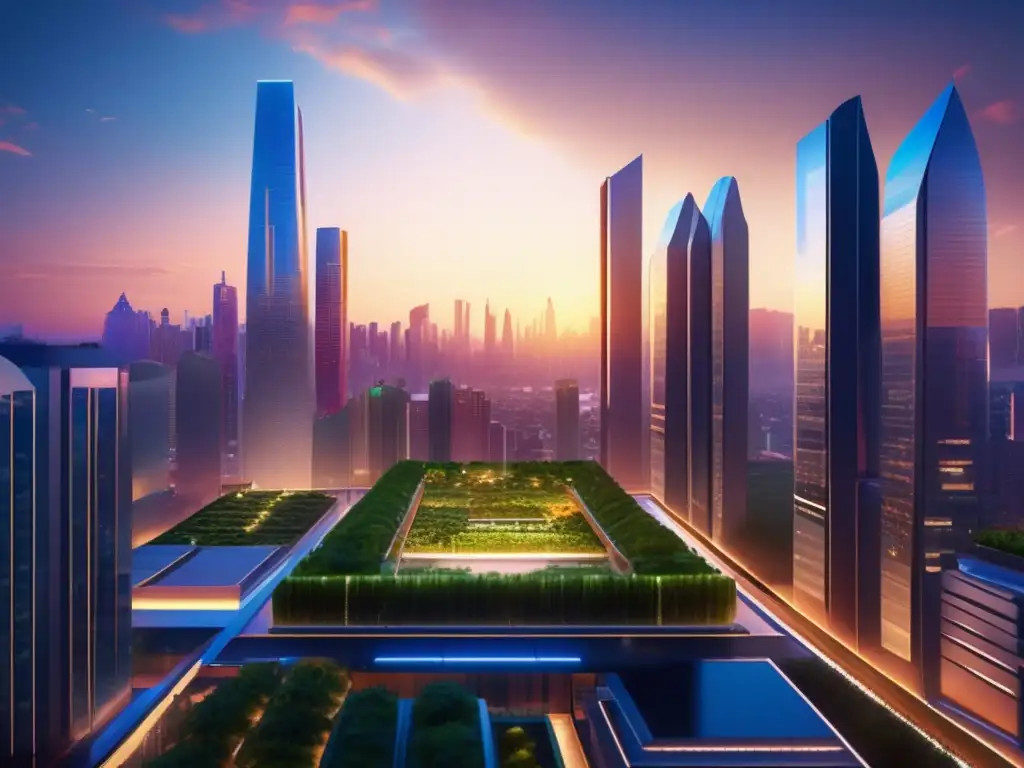 Futurista ciudad ecológica con rascacielos y naturaleza Ciudad futurista al atardecer con diseño moderno, naturaleza y vehículos eléctricos