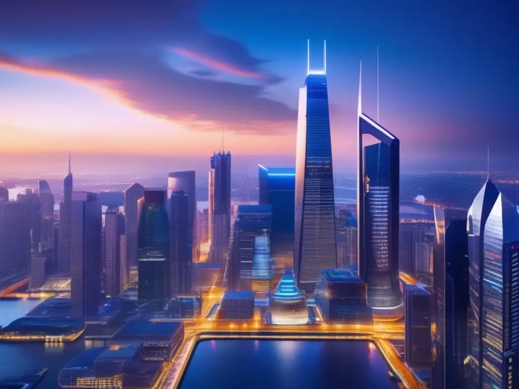 Finanzas en ciudad futurista al atardecer Ciudad futurista al atardecer, con distrito financiero vibrante y rascacielos imponentes