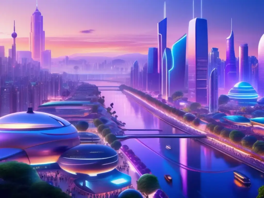 Metrópolis futurista diversa, innovadora y vibrante Ciudad futurista al atardecer con diversidad cultural y empresarial (Estrategias de diversificación financiera)