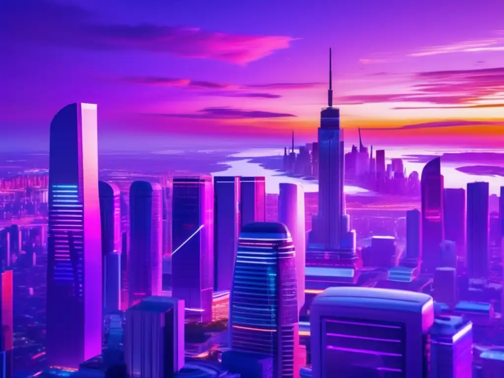 Futuro metropolitano vibrante en atardecer Ciudad futurista al atardecer, muestra diversificación en inversión con tendencias emergentes