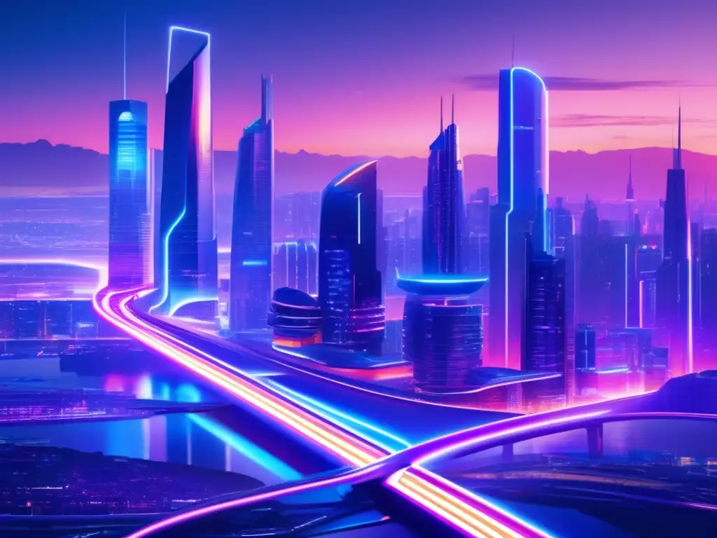 Ciudad futurista con edificios modernos y luces de neón Ciudad futurista al atardecer con edificios modernos, luces neón y autos voladores