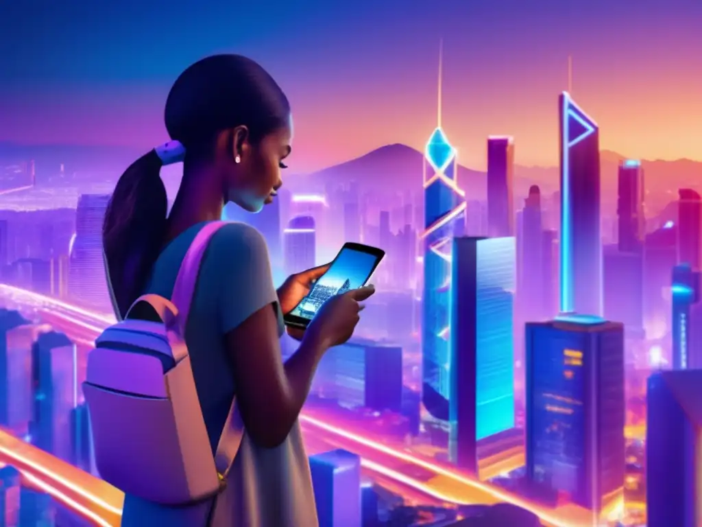 Futuro financiero: ciudad nocturna y tecnología Ciudad futurista al atardecer, con edificios modernos iluminados por luces neón
