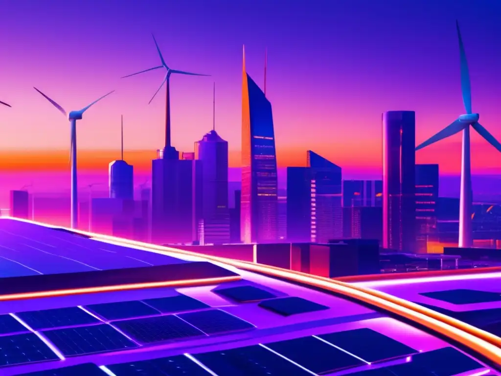 Futuro sostenible en la ciudad Ciudad futurista al atardecer con edificios sostenibles, energía renovable y transporte limpio