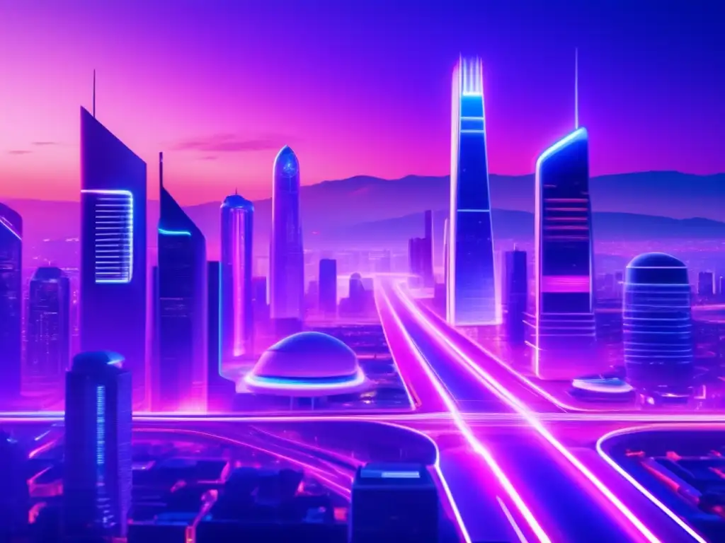Futurocity: Ciudad futurista al anochecer Ciudad futurista al atardecer con edificios modernos, luces LED vibrantes y vehículos voladores