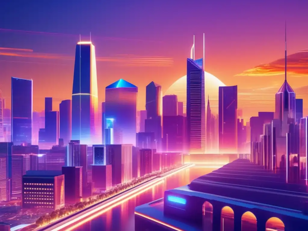 Ciudad futurista al atardecer con edificios modernos y criptomonedas Una ciudad futurista al atardecer con edificios modernos y criptomonedas, ideal para inversiones rápidas