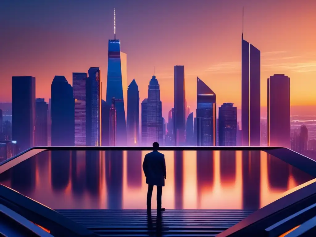 Impacto emocional en finanzas Ciudad futurista al atardecer con emociones financieras - Psicología inversión en crisis