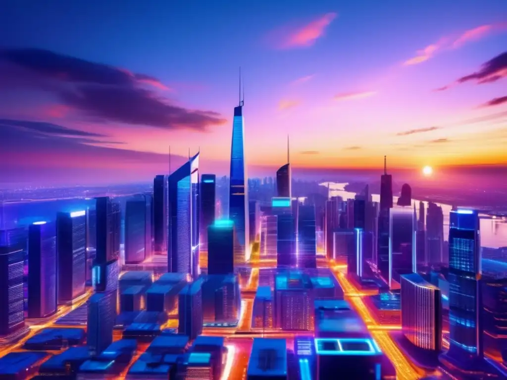 Futurista ciudad financieramente exitosa Ciudad futurista al atardecer, éxito en plataformas inversión modernas