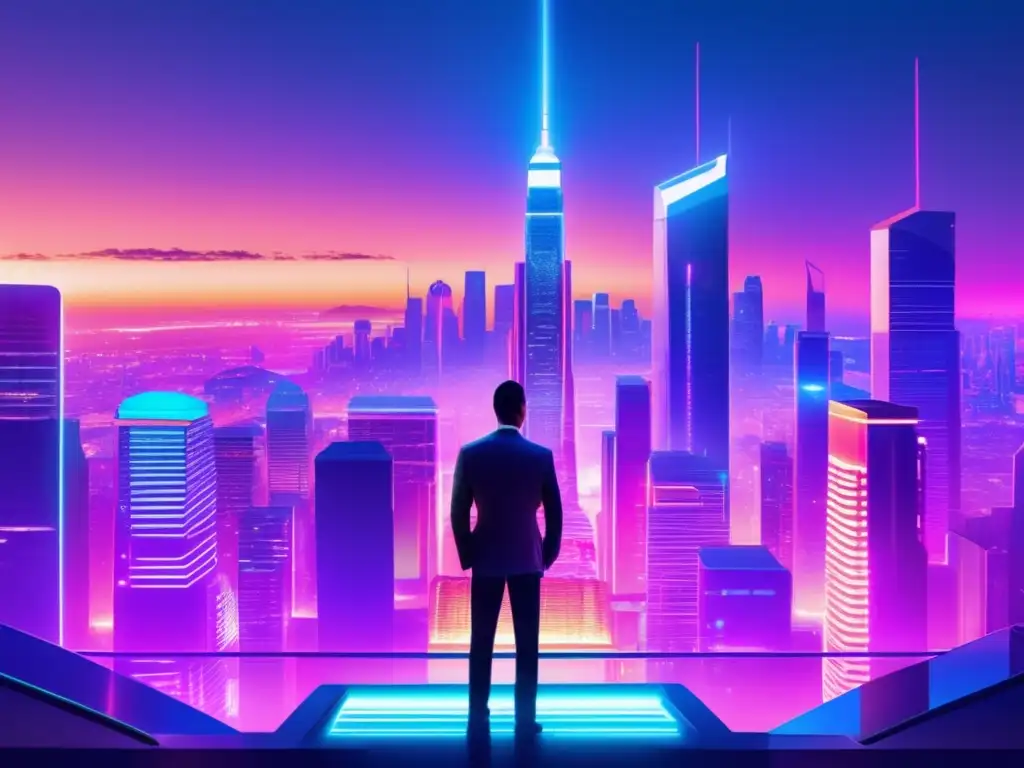 Ciudad futurista en la noche con tecnología blockchain Ciudad futurista al atardecer: revolución blockchain en finanzas, cambio de juego