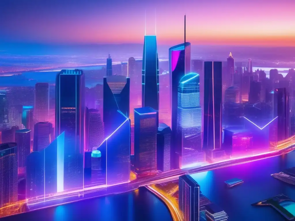 Ciudad futurista con tecnología avanzada Ciudad futurista al atardecer con IA en finanzas y holograma de mercado de valores