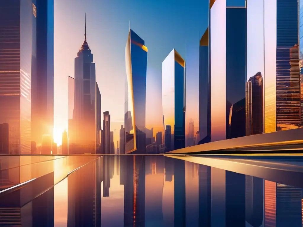 Ciudad futurista con rascacielos de vidrio y acero reflejando el atardecer Ciudad futurista al atardecer, con imponentes rascacielos de vidrio y acero reflejando los tonos cálidos del cielo
