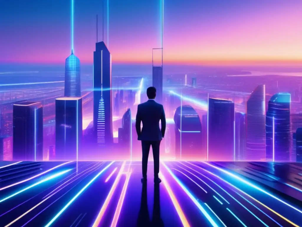 Futurista ciudad con tecnología Chainlink Ciudad futurista al atardecer, destacando la importancia de Chainlink en contratos inteligentes
