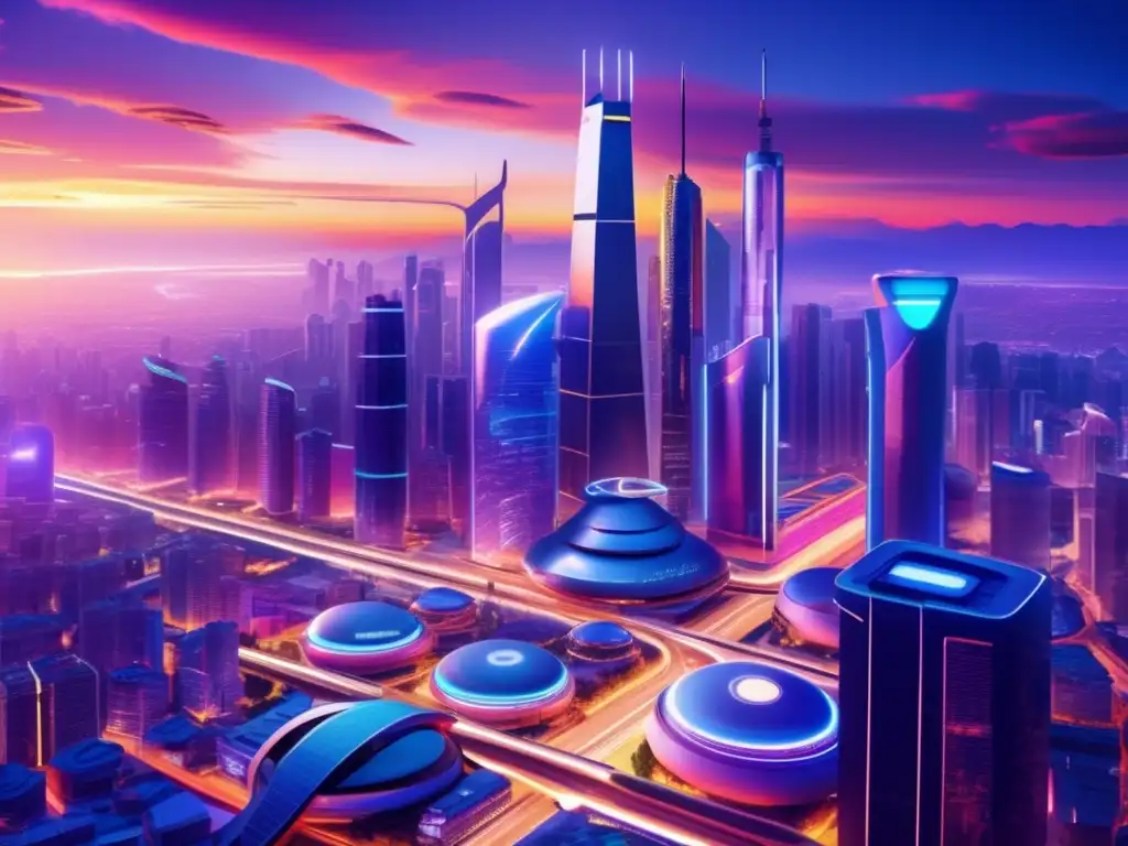 Futuroso skyline tecnológico al atardecer Ciudad futurista al atardecer: inversión en mercados emergentes