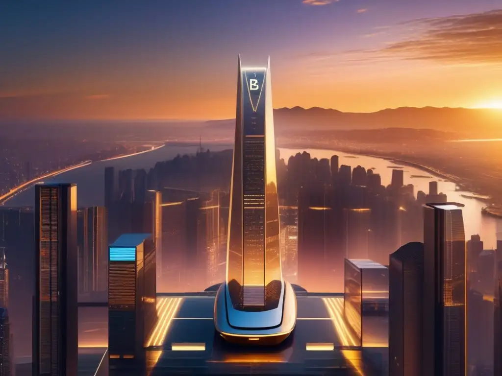 Futuroso paisaje urbano con tecnología blockchain Ciudad futurista al atardecer con inversiones en criptomonedas para jubilación