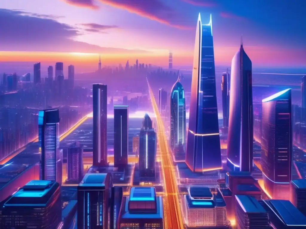 Ciudad futurista iluminada con rascacielos y vehículos autónomos Ciudad futurista al atardecer con inversiones automatizadas: consejos y trucos