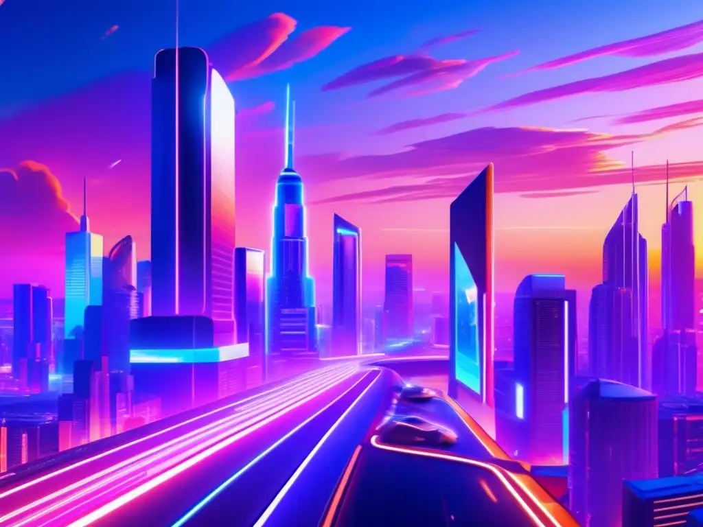 Futurista ciudad con tecnología avanzada y blockchain Ciudad futurista al atardecer, oportunidades de inversión en blockchain en entretenimiento