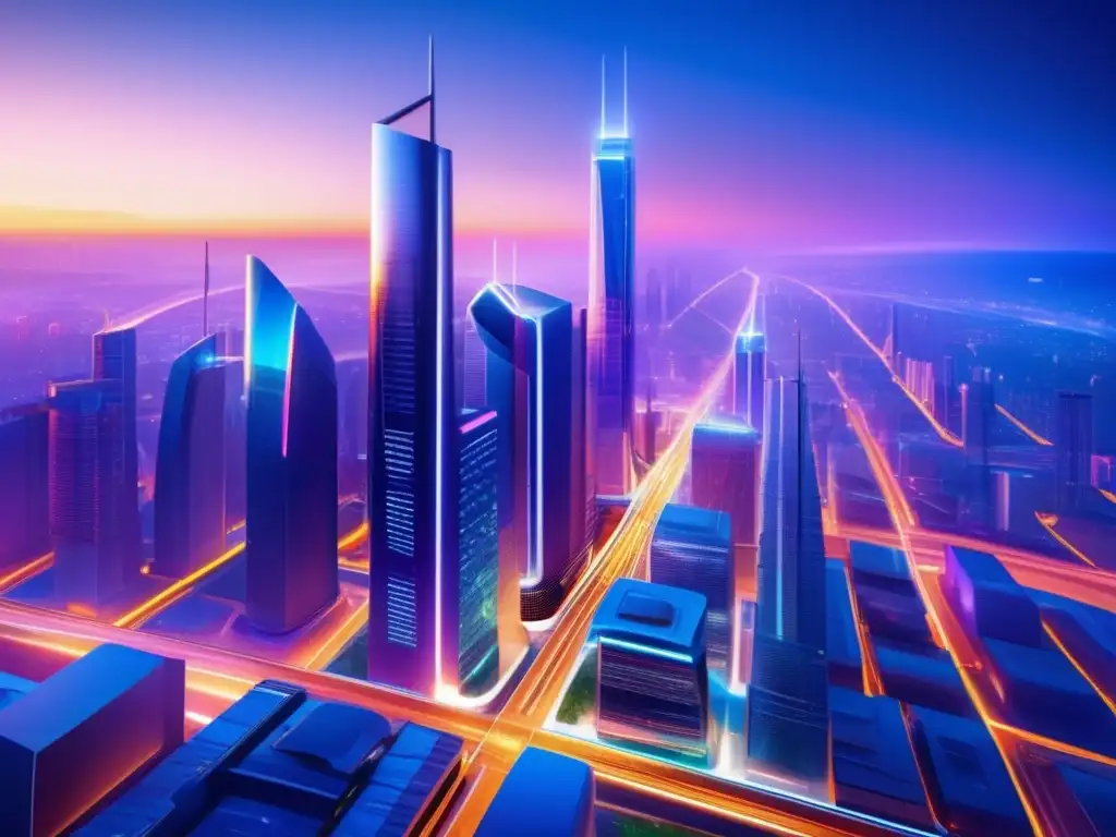 Ciudad futurista iluminada con luces vibrantes Ciudad futurista al atardecer: Invertir en oro versus bitcoin