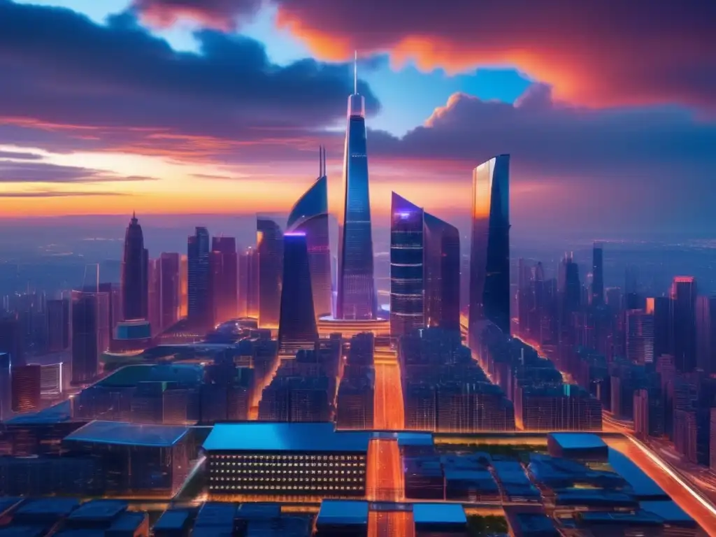 Ciudad futurista en crecimiento Ciudad futurista al atardecer: Políticas gubernamentales para inversiones a largo plazo