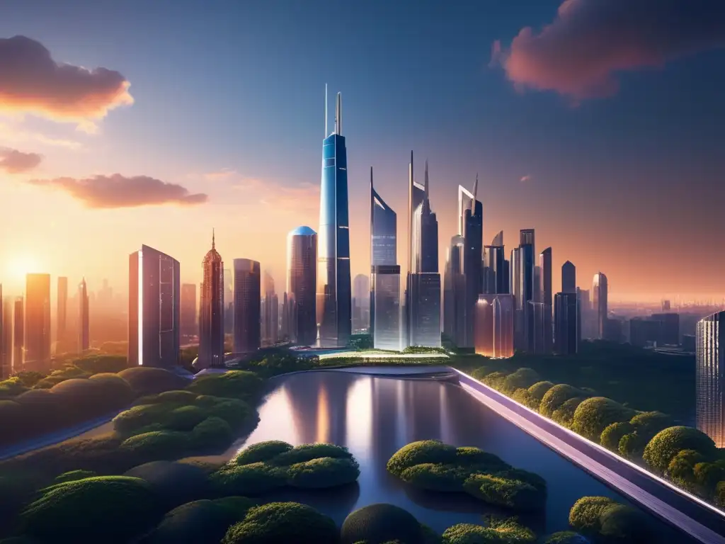 Ciudad futurista al atardecer, reflejando crecimiento financiero y progreso Ciudad futurista al atardecer, reflejando progreso e inversiones internacionales