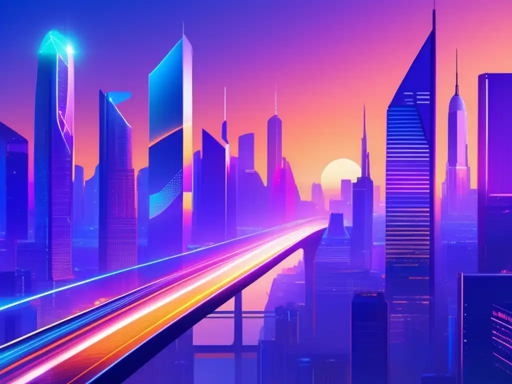 Ciudad futurista al atardecer Ciudad futurista al atardecer, reflejando progreso y mercados inmobiliarios de la próxima década