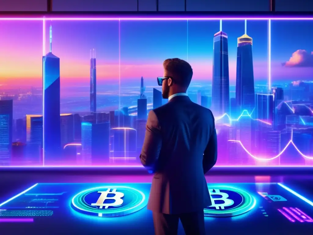 Futuro financiero en ciudad tecnológica Ciudad futurista al atardecer con rascacielos iluminados por símbolos de criptomonedas