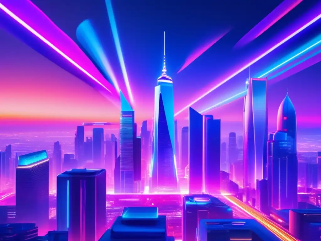 Futuroso rascacielos iluminado Ciudad futurista al atardecer, con rascacielos iluminados y tecnología avanzada