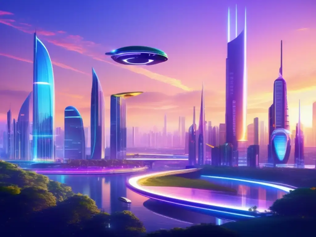 Futurista ciudad con rascacielos y transporte innovador Ciudad futurista al atardecer con rascacielos, luces LED y transporte innovador