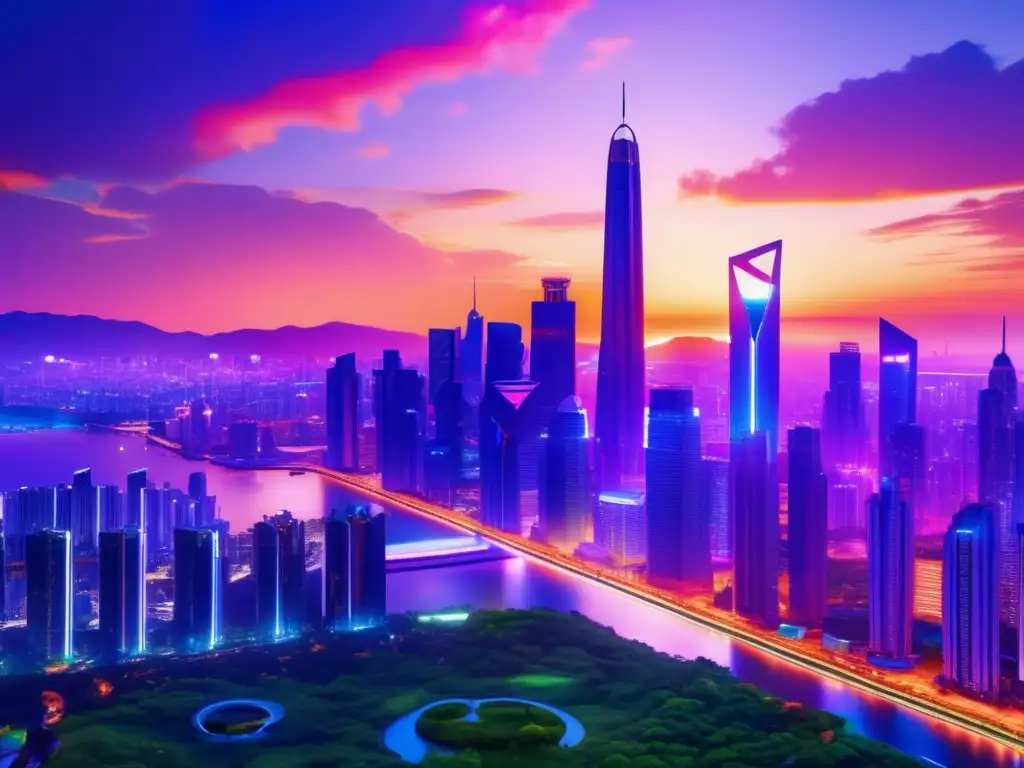 Innovadora ciudad futurista al atardecer Ciudad futurista al atardecer con rascacielos modernos y LED vibrantes