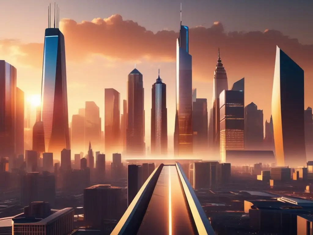 Superar el mercado con éxito Ciudad futurista al atardecer, con rascacielos, datos financieros y empresario exitoso (Estrategias de inversión activa)
