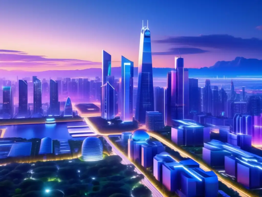 Futuro skyline urbano con rascacielos modernos y empresario Ciudad futurista al atardecer con rascacielos plateados brillantes, jardines verdes y empresario en terraza con tablet