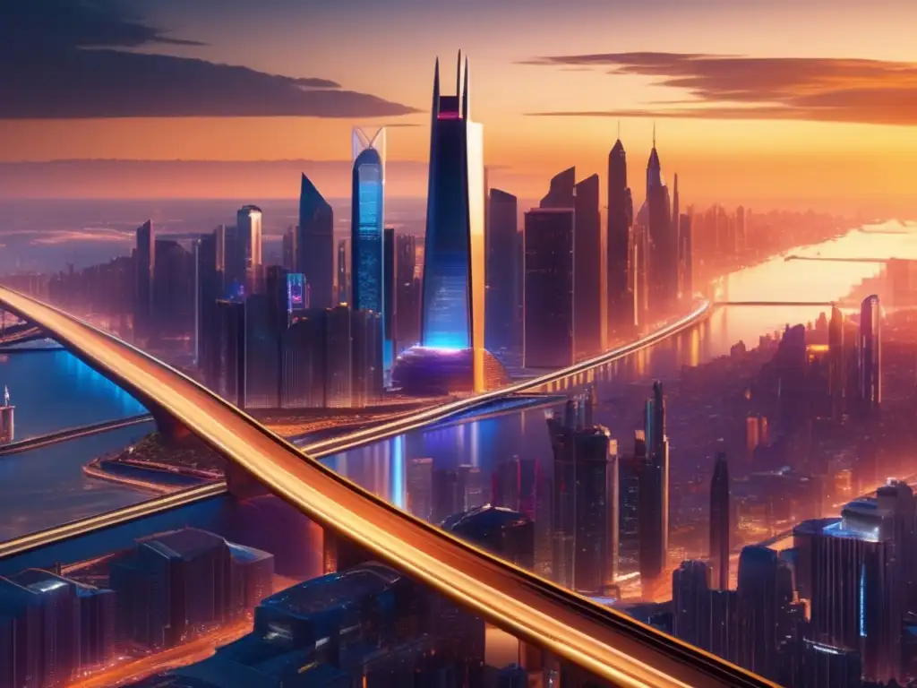 Futurística discusión sobre criptomonedas Ciudad futurista al atardecer, con rascacielos modernos, hovercars y debate sobre regulación de criptomonedas