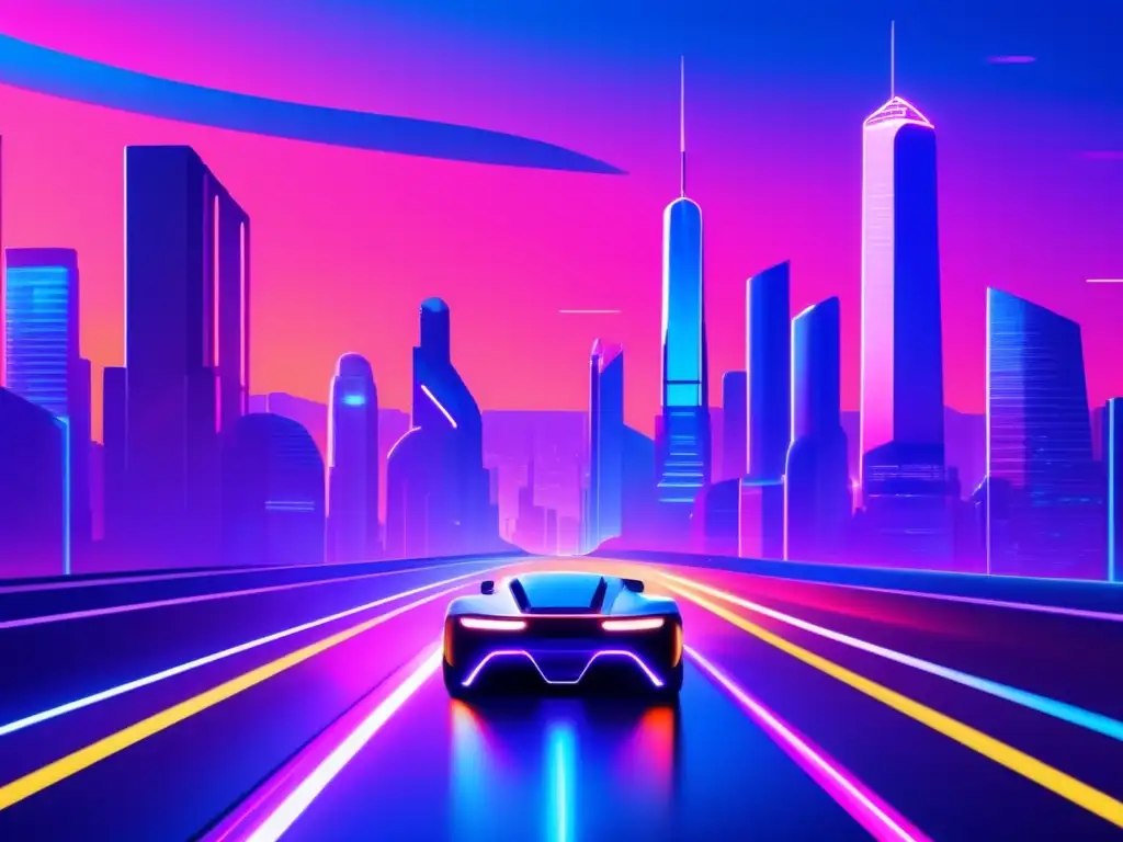 Futuro ciudad con rascacielos y figura misteriosa Ciudad futurista al atardecer, rascacielos, tecnología avanzada, vehículos autónomos, anonimato criptomonedas