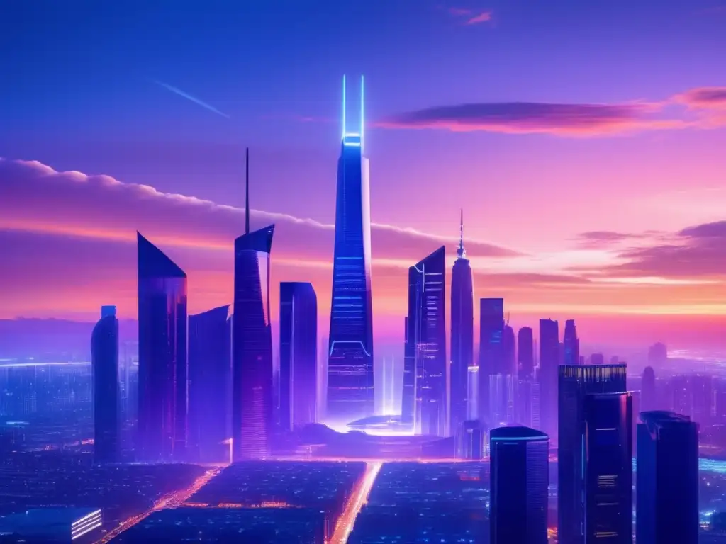 Ciudad futurista con rascacielos iluminados Ciudad futurista al atardecer, con rascacielos altos y luces neón