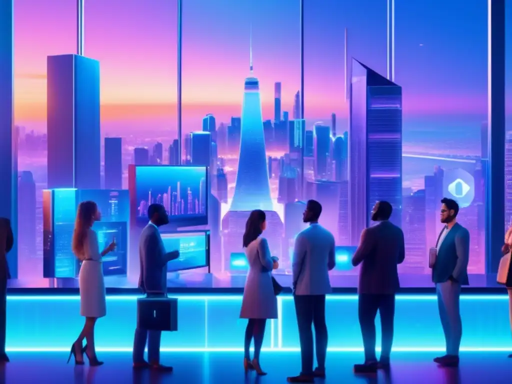 Ciudad futurista con DApps y criptomonedas Ciudad futurista al atardecer con rascacielos, pantallas holográficas y personas diversas discutiendo - Beneficios de las DApps en criptomonedas