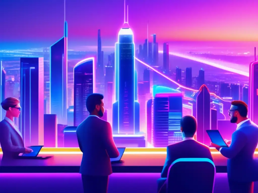 Futuro urbano: inversiones ICO y tecnología Ciudad futurista al atardecer con rascacielos iluminados por luces de neón