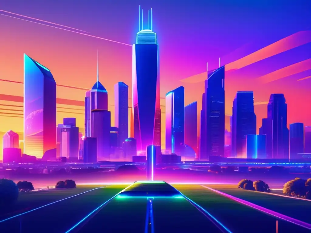 Futurista ciudad al atardecer con rascacielos iluminados Ciudad futurista al atardecer con rascacielos modernos y vibrantes luces de neón