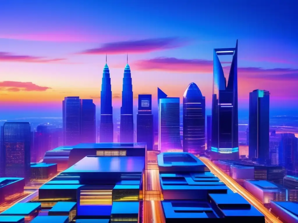 Ciudad futurista con rascacielos y tecnología Una ciudad futurista al atardecer, con rascacielos de vidrio reflejando los colores del atardecer y mostrando actividades financieras