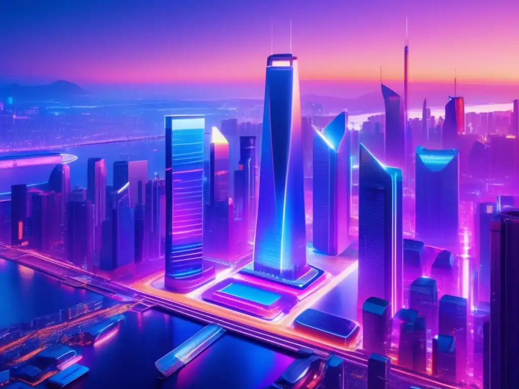 Futurista ciudad tecnológica con rascacielos iluminados Ciudad futurista al atardecer, con rascacielos y luces neón