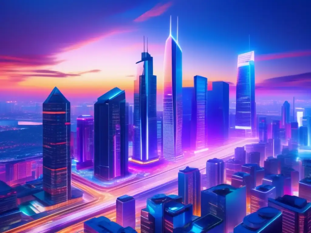 Futurista ciudad iluminada con rascacielos Ciudad futurista al atardecer con rascacielos modernos iluminados y gente de negocios: Crowdfunding inmobiliario rentable
