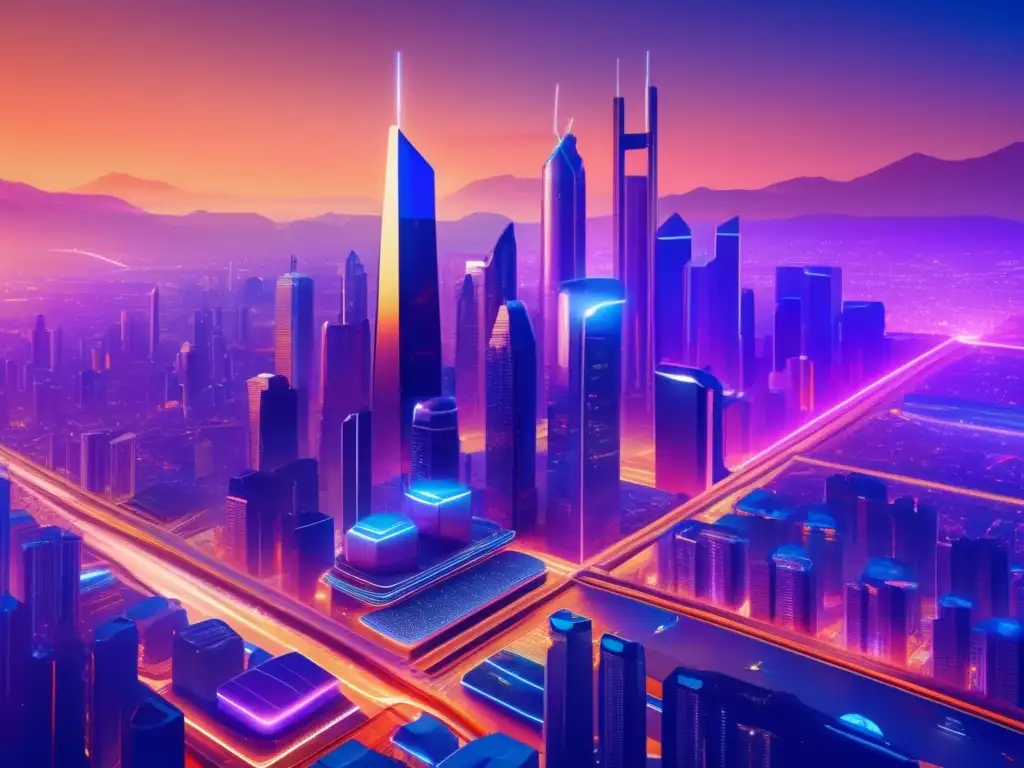 Ciudad futurista con tecnología avanzada Ciudad futurista al atardecer, con rascacielos de vidrio y acero, tecnología avanzada y vehículos autónomos