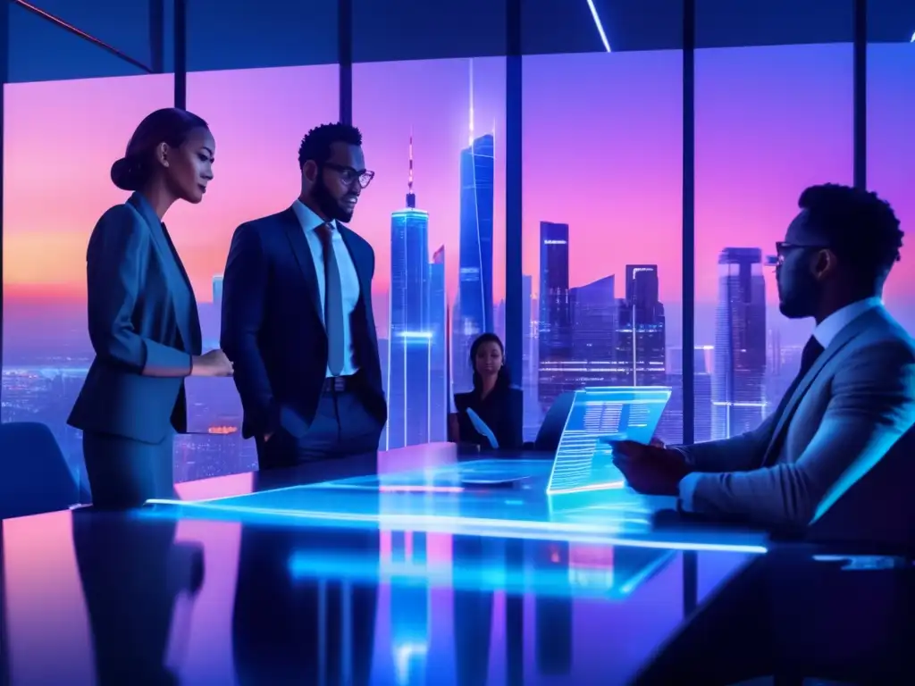Ciudad futurista con rascacielos y profesionales analizando P2P Ciudad futurista al atardecer, rascacielos iluminados con luces neón