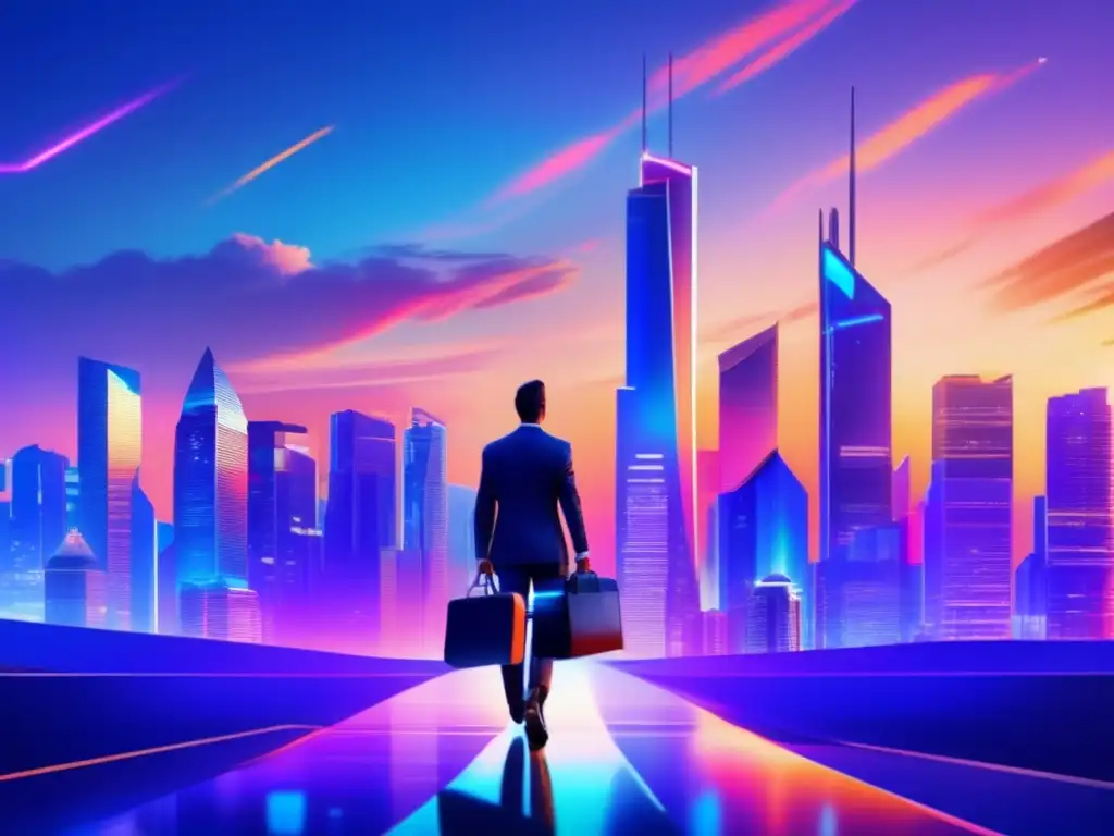 Ciudad futurista al atardecer con rascacielos modernos Ciudad futurista al atardecer con rascacielos modernos y luces vibrantes