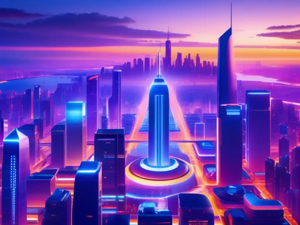 Futuroso paisaje urbano: alta tecnología y startups Ciudad futurista al atardecer con rascacielos, billboards digitales y ambiente emprendedor