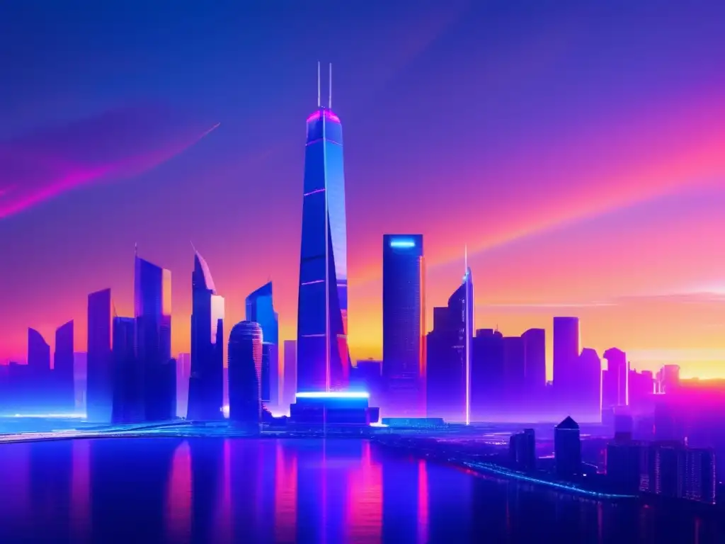 Ciudad futurista al atardecer con rascacielos modernos Ciudad futurista al atardecer con rascacielos modernos y vibrantes luces de neón