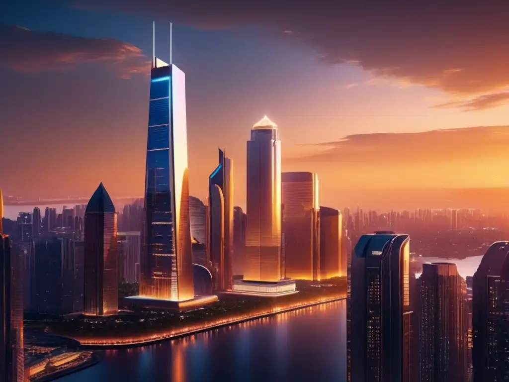 Ciudad futurista con rascacielos y profesional exitoso Ciudad futurista al atardecer con rascacielos relucientes y un profesional confiado en una terraza con tablet